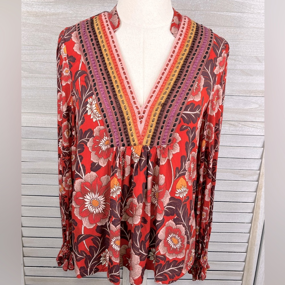 ANTHROPOLOGIE Bl-nk Stephanie Long Sleeve Boho V Neck Top-S/M
